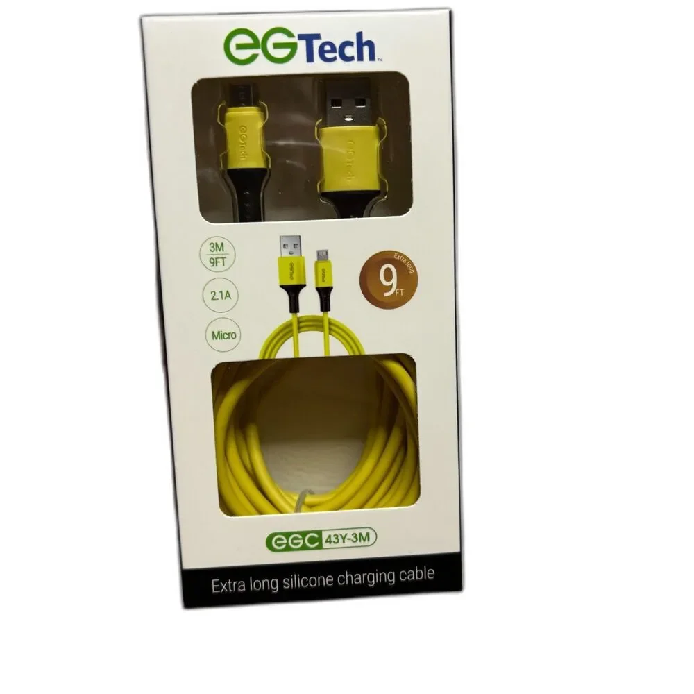 EGTech NWT 9 Foot Yellow Silicone USB to Micro Charging Chord